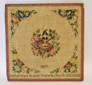 Early Victorian wool work panel dated 1837, further embroidered "God protect Queen Victoria,