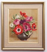 Pamela Davis, signed oil on board, Still Life study of anemones in pewter vase, 34 x 28cm