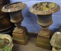 Pair of late 19th/early 20th century cast metal garden urns of campana shape standing on stepped
