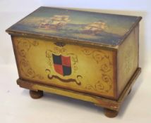 Painted pine chest, the lid decorated with a scene of two masted vessels, the front painted with