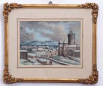 19th century Continental School watercolour, Town in Winter, 15 x 21cm