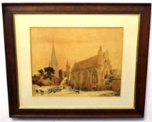 19th century English School watercolour, Figures and horses by a church, 27 x 34cm