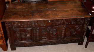 18th century and later oak coffer or linen chest plank top and three panelled front on shortened