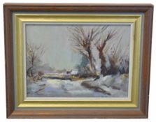 R Ronaldson, signed oil on board, Suffolk landscape in winter, 14 x 19cm