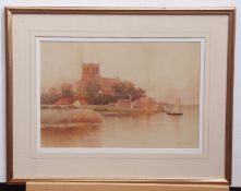 H English, signed and dated 10, watercolour, River scene with church, 29 x 43cm