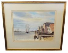 Leslie L Hardy Moore, signed pen, ink and watercolour, "Tall Ships, Great Yarmouth", 28 x 36cm