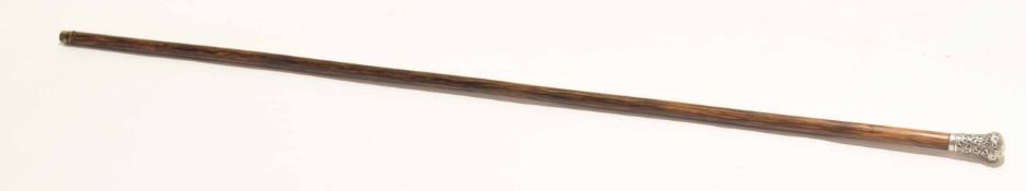 Simulated rosewood swagger stick with hallmarked silver button handle, 81cm long