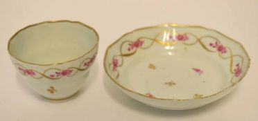 Lowestoft tea bowl and saucer, circa 1790, the tea bowl of unusual ogee shape with a pattern of pink