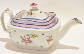 Late 18th century New Hall tea pot and cover with floral decoration, pattern number 22, tea pot 27cm