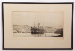 Harold Wyllie, signed in pencil to margin, black and white etching, Moored boat, 24 x 47cm