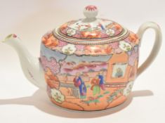 Late 18th century New Hall tea pot with boy in window pattern, tea pot 24cm long