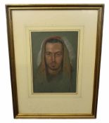 Timothy Easten, signed and dated 1969, chalk drawing, Head and shoulders portrait of a hooded man,