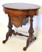 Victorian mahogany work table of oval form, the inlaid top enclosing fitted interior with