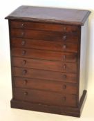 Mahogany specimen chest of plain rectangular form fitted with eight graduated drawers on a plinth