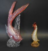Large Murano glass model of a fish on pedestal base with Murano glass model of a chicken, factory