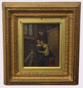 19th century Continental School oil on panel, Interior scene with romantic couple admiring a