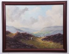Lewis Creighton, signed oil on board, Moorland scene with sheep, 49 x 64cm