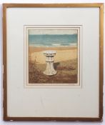 Alfred Hartley, signed in pencil to margin, coloured etching and aquatint, Sundial by a coast, 22