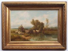 A Henry, indistinctly signed lower left, oil on canvas, Horse and cart with cattle and sheep by a