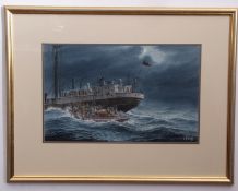 Mick Bensley, signed watercolour, "The H F Bailey under the lee of the Merones, Jan 1941", 30 x 50cm