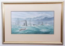 Mick Bensley, signed watercolour, Extensive wartime Naval rescue, 35 x 66cm