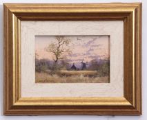 James Wright, signed oil on board, Norfolk landscape with mill, 9 x 14cm