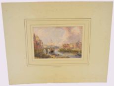 Attributed to Thomas Shotter Boys, watercolour, Continental river scene with town and bridge, 18 x