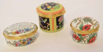 Collection of three Halcyon Days enamel boxes, one decorated with poppies and field mice, another