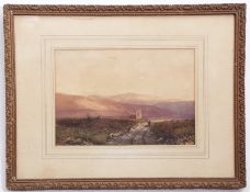 Follower of David Cox, bears signature, watercolour, Landscape with ruined tower, figure to