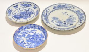 Two 18th century Chinese porcelain dishes together with a pearl ware bowl, largest 31cm (3)