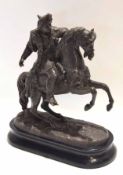 Spelter group of a mounted medieval solder on horseback, 30cm high