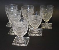 Set of six cut glass dessert glasses on star cut rectangular bases, 9cm high (6)