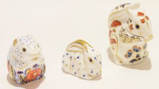 Group of three Royal Crown Derby paperweights modelled as squirrel, rabbit and mouse, squirrel 9cm