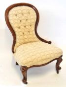 Victorian mahogany spoon back ladies chair, upholstered in pattern, button back, serpentine frieze