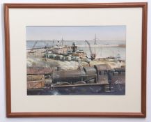 Anthony Cowland, signed gouache, Railway port scene, 26 x 37cm
