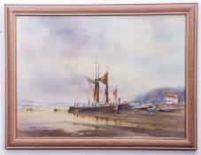 Bryan E Day, signed watercolour, Barges at Pin Mill, 25 x 34cm