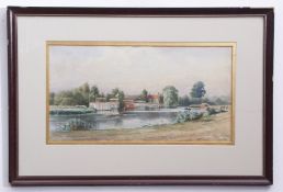 Indistinctly signed watercolour, inscribed "House boats at Latyham, River Thames", 21 x 40cm