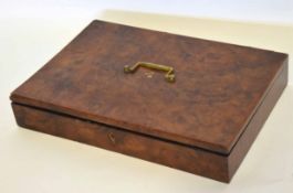 19th century walnut plush lined and partially fitted box of rectangular form with central brass