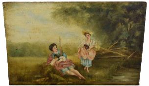 Unsigned pair of oils on panel, Romantic scenes, 26 x 39cm, unframed (2)