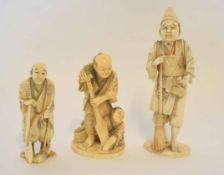 Three Japanese ivory carved figures of workmen, all signed to base, largest 15cm (some damage) (3)