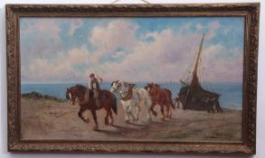 C W Oswald, signed pair of oils on canvas, Hauling in a fishing boat and Workhorses with farmer