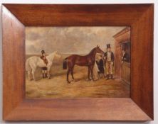 Unsigned oil on board, Groom with horses and other figures before a stable, 22 x 32cm