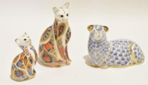 Royal Crown Derby paperweight of a sheep and two further paperweights of cats, tallest 13cm