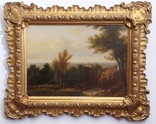 19th century English School, oil on canvas, English landscape with distant coast, 33 x 46cm