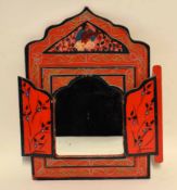 Indian hand painted framed wall mirror with two folding doors, overall size 40 x 26cm