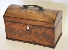 Early 19th century mahogany domed top tea caddy, the lid with central carry handle enclosing a