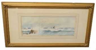 J Broad, signed and dated 1912, pair of watercolours, Seascapes, 20 x 50cm (2)