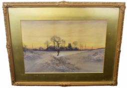 J Merrin, signed watercolour, Figure in winter landscape at dusk, 35 x 52cm