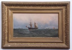 Charles Beaty, signed and dated 1884 lower right, oil on panel, Shipping off a coast, 20 x 37cm