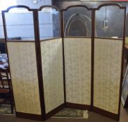 Late 19th century mahogany framed four-fold screen, each fold with a glazed top over an